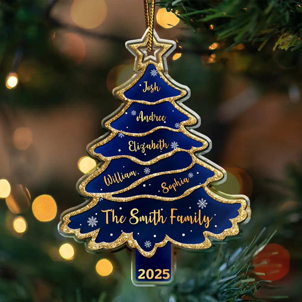 Text Pattern Christmas Tree Family Bestie Custom Names Pottery Glitter Effect - Personalized Custom Shaped Acrylic Ornament - Image 3