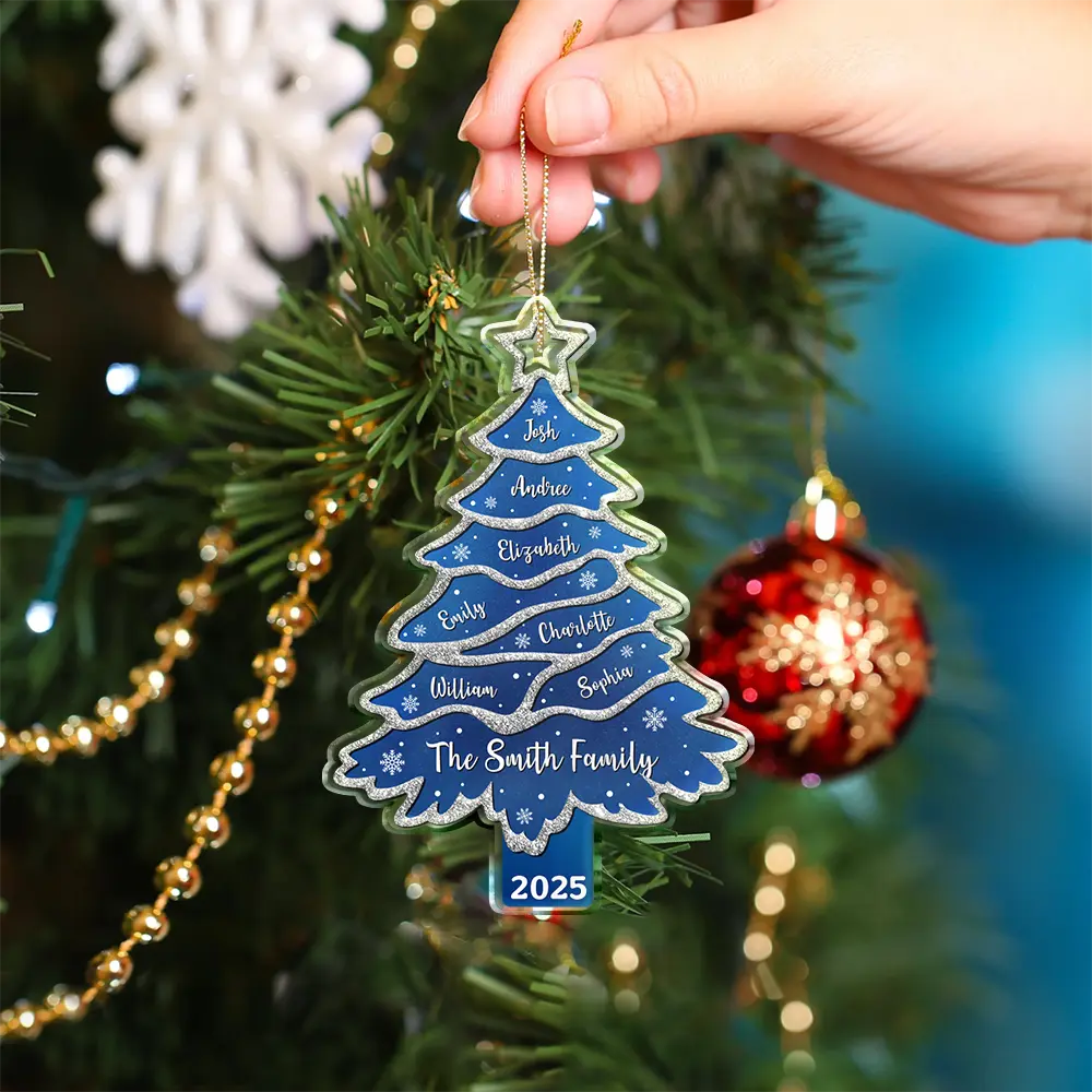 Text Pattern Christmas Tree Family Bestie Custom Names Pottery Glitter Effect - Personalized Custom Shaped Acrylic Ornament - Image 4