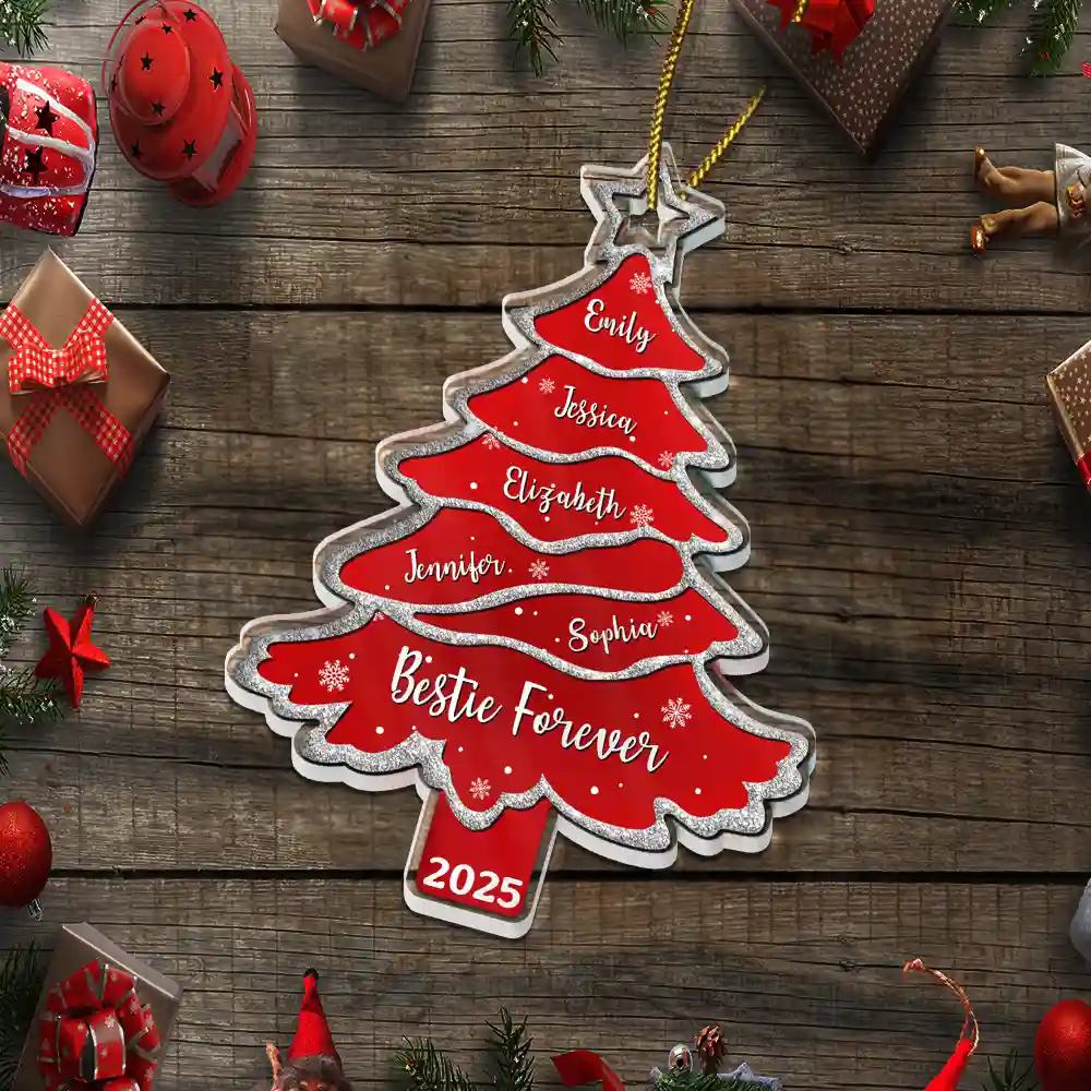 Text Pattern Christmas Tree Family Bestie Custom Names Pottery Glitter Effect - Personalized Custom Shaped Acrylic Ornament - Image 5