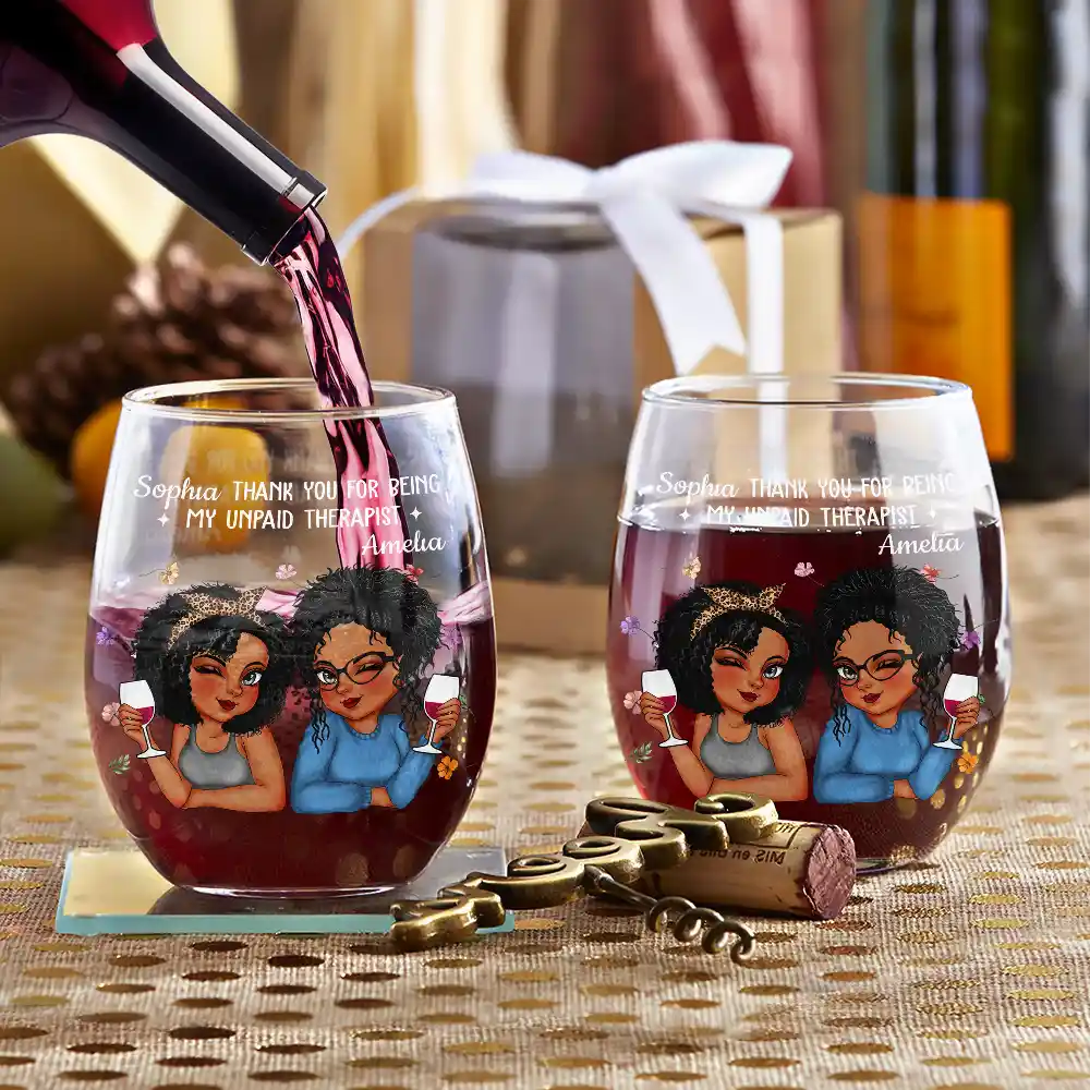 Thank You For Being My Unpaid Therapist Bestie - Personalized Stemless Wine Glass - Image 3