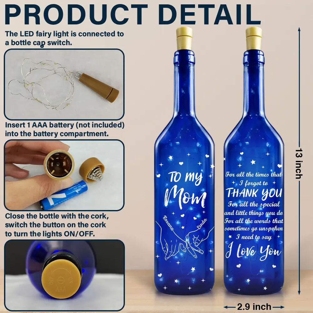 Thank You Mom I Love You - Personalized Blue Bottle Light - Image 4