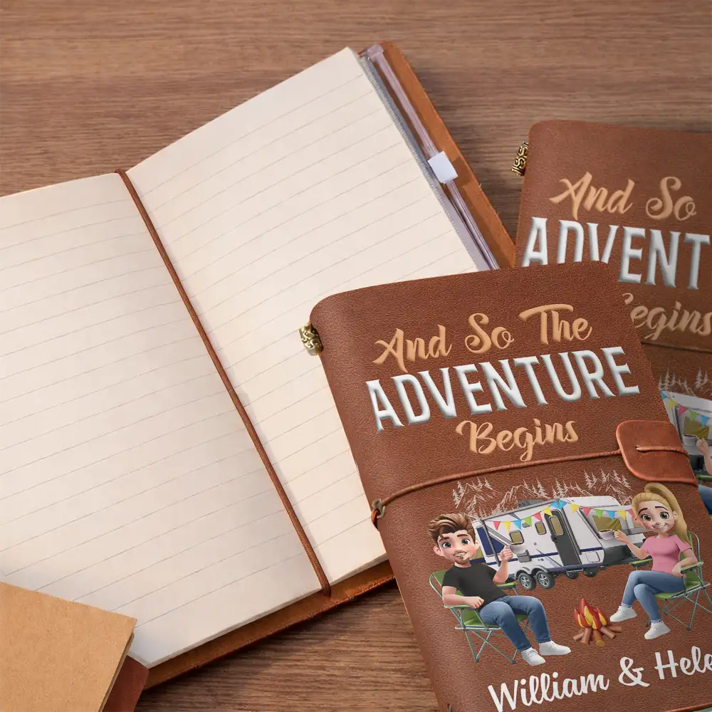The Adventure Book 3D Effect Camping Couple Camper - Personalized Leather Vintage Journal - Image 5