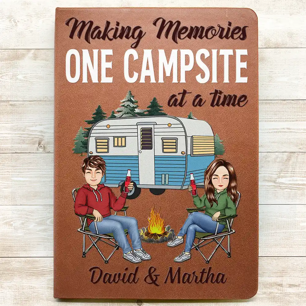 The Adventure Book Cartoon Couple Camping - Personalized Leather Journal - Image 3