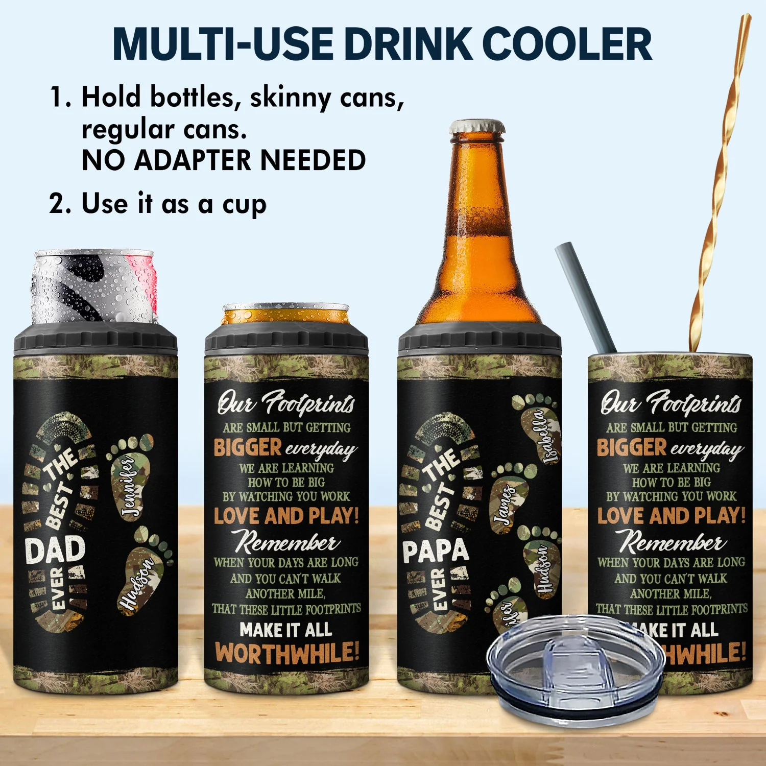 The Best Dad Grandpa Ever Footprints - Gift For Father, Grandfather - Personalized 4 In 1 Can Cooler Tumbler - Image 2