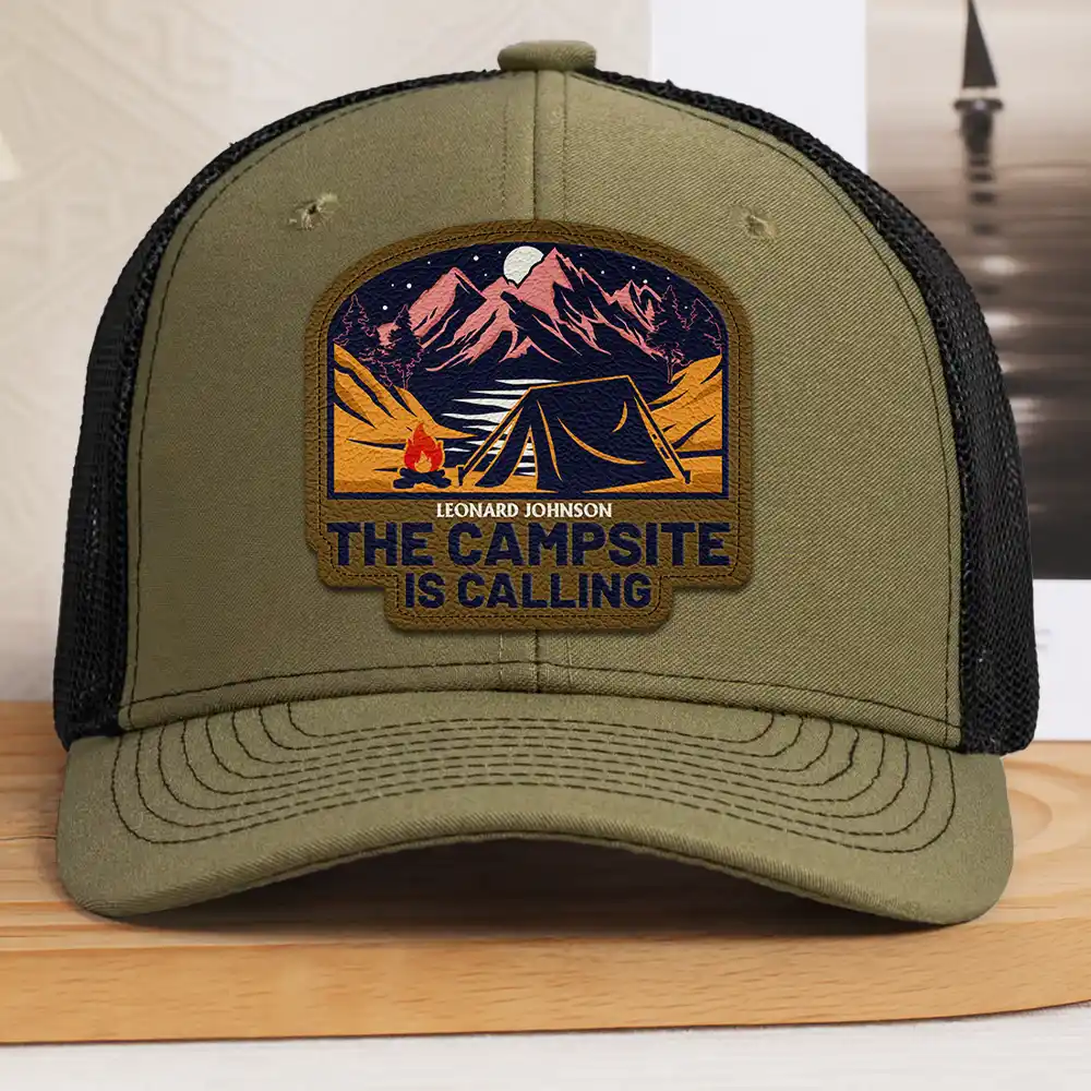 The Campsite Is Calling - Personalized Leather Patch Hat - Image 2