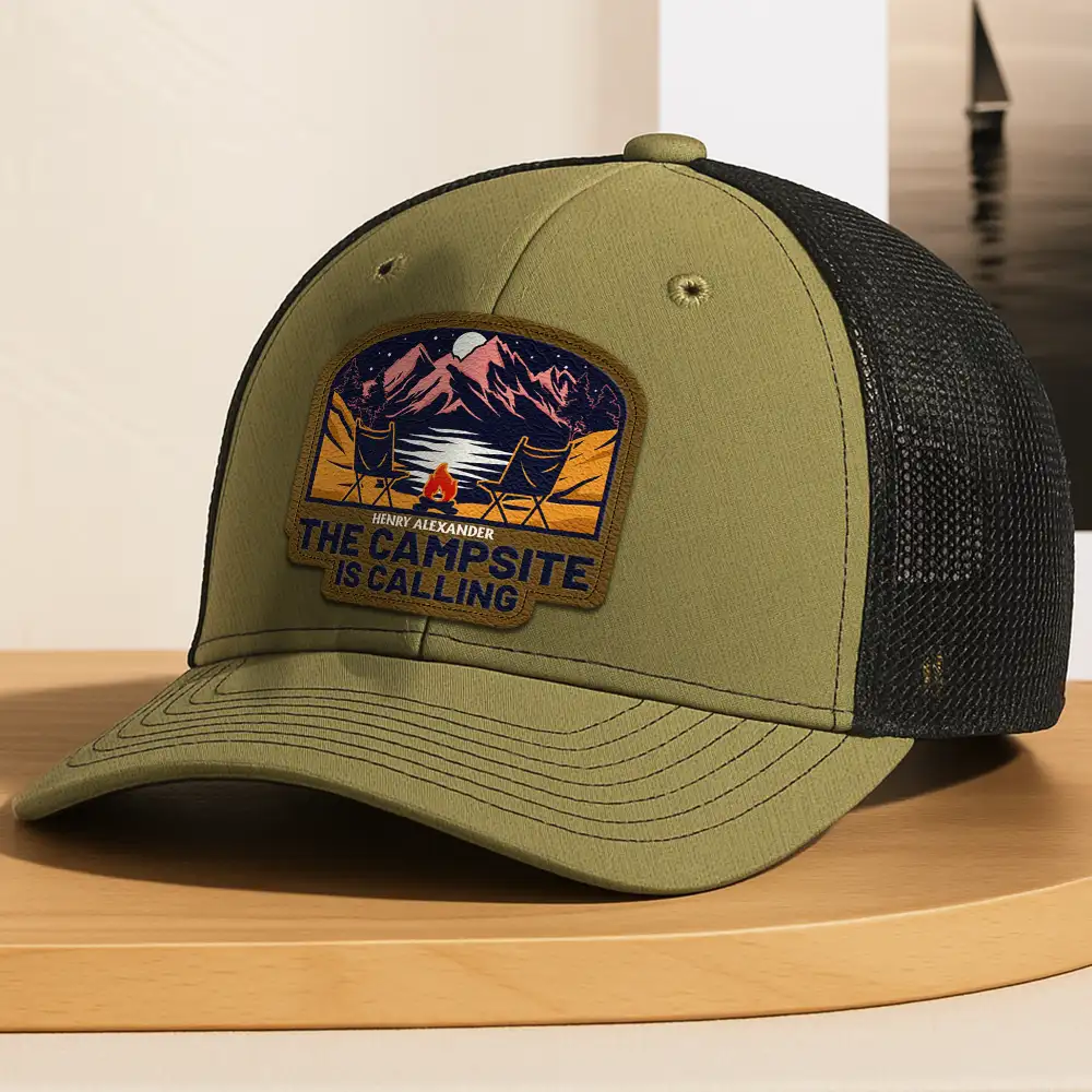 The Campsite Is Calling - Personalized Leather Patch Hat - Image 4