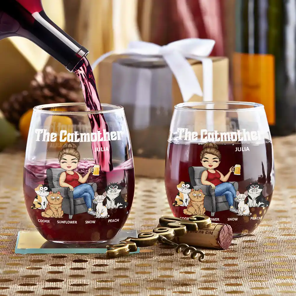 The Cat Mother - Personalized Stemless Wine Glass - Image 3