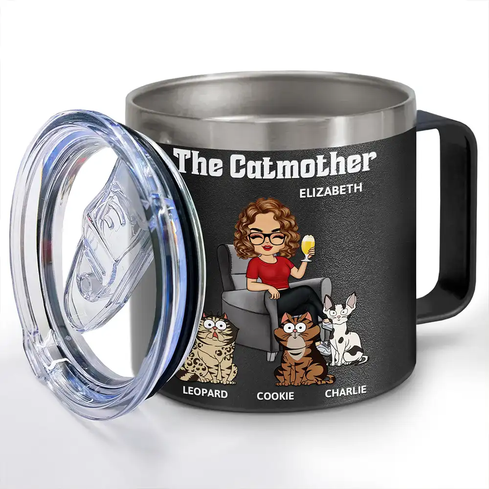 The Catfather Catmother - Personalized 14oz Stainless Steel Tumbler With Handle - Image 3