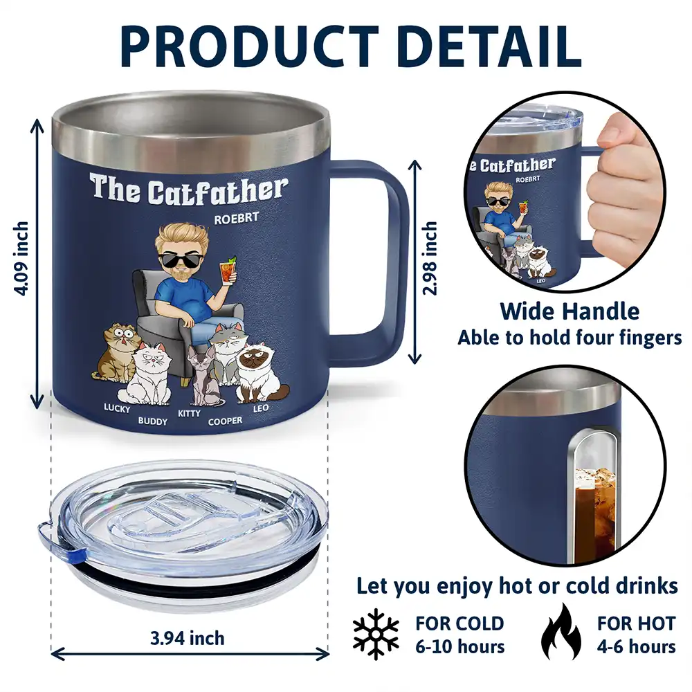 The Catfather Catmother - Personalized 14oz Stainless Steel Tumbler With Handle - Image 5