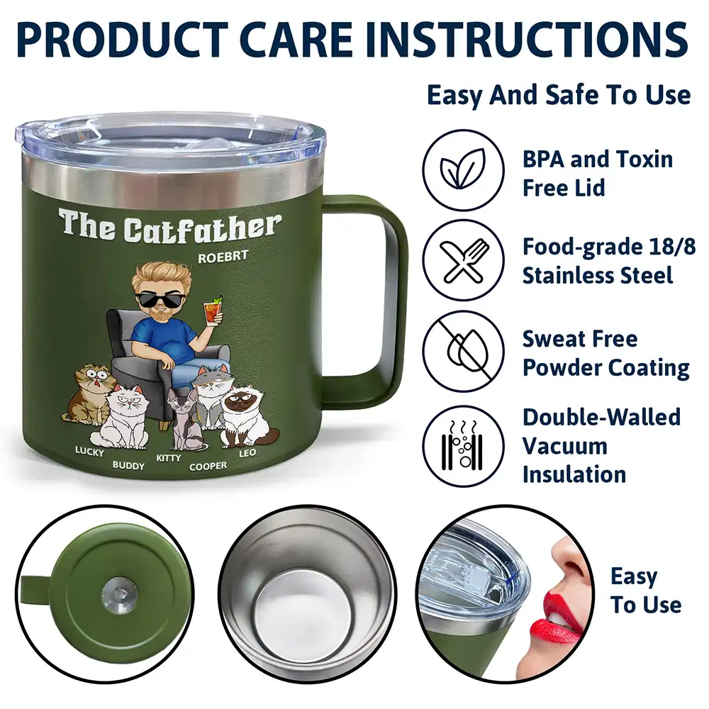 The Catfather Catmother - Personalized 14oz Stainless Steel Tumbler With Handle - Image 7