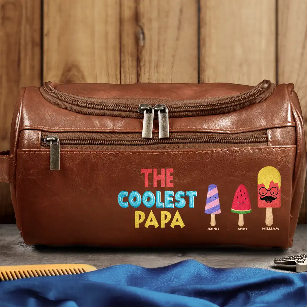 The Coolest Pop Funny Cartoon Ice Cream - Personalized Leather Toiletry Bag - Image 3