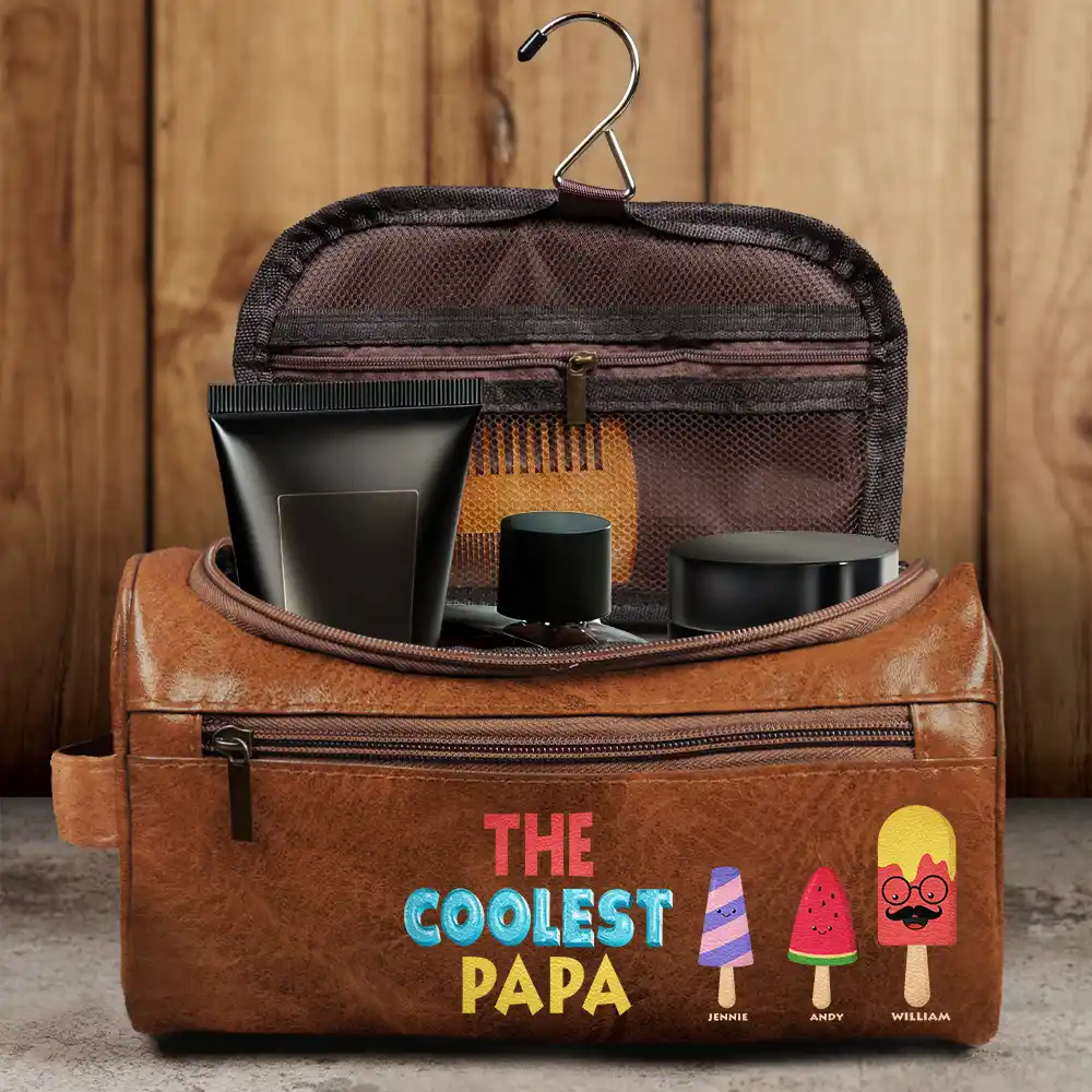 The Coolest Pop Funny Cartoon Ice Cream - Personalized Leather Toiletry Bag - Image 4