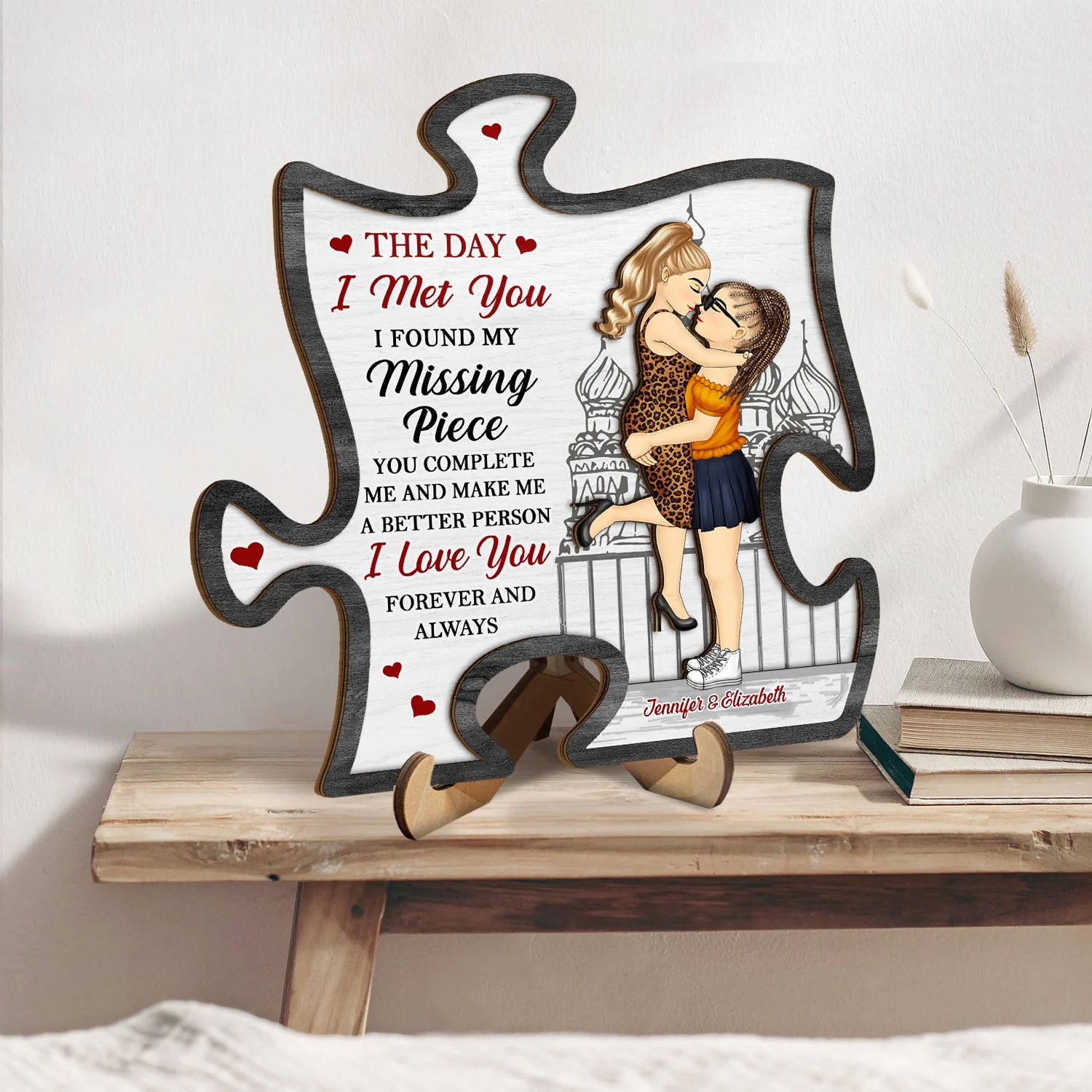 The Day I Met You I Found My Missing Piece - Anniversary Gift For Spouse, Lover, Couple - Personalized 2-Layered Wooden Plaque With Stand - Image 2