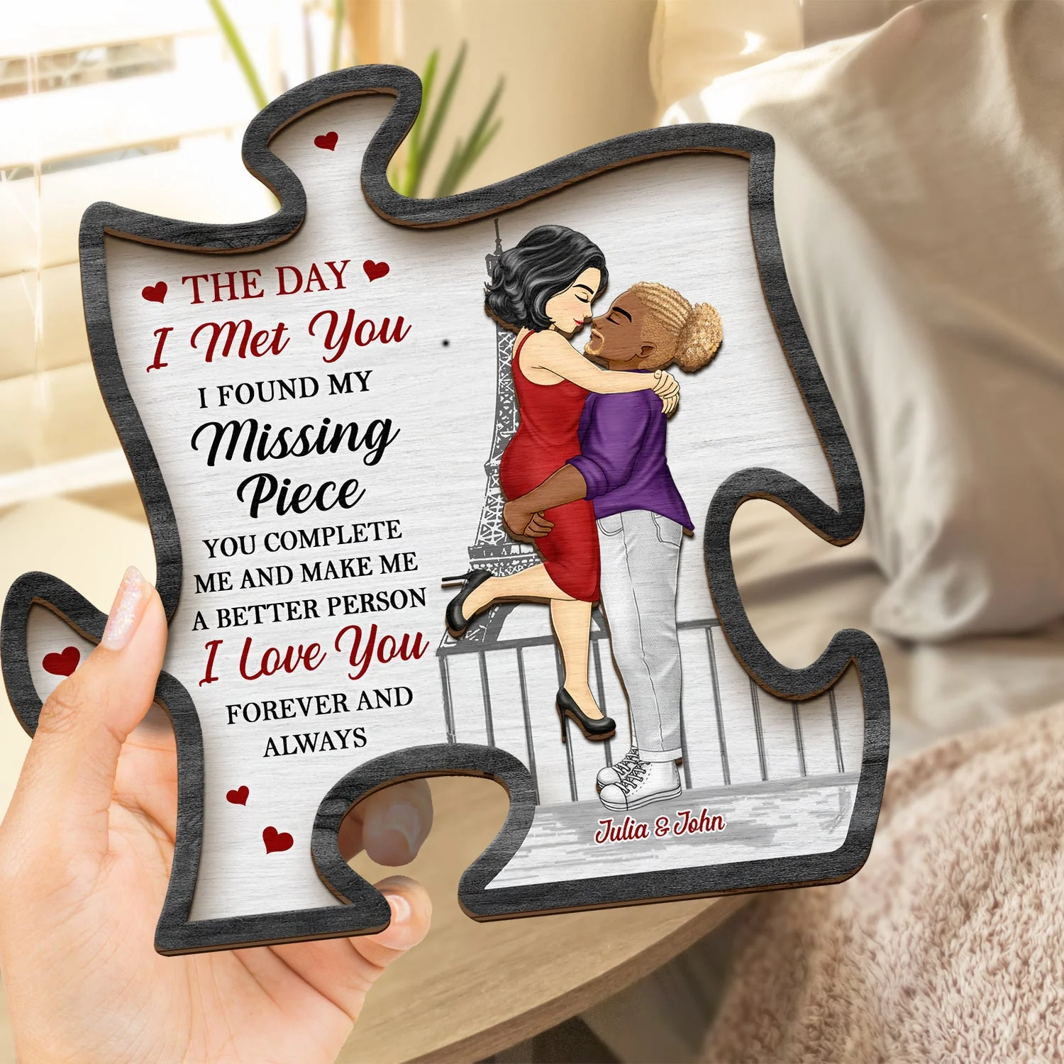 The Day I Met You I Found My Missing Piece - Anniversary Gift For Spouse, Lover, Couple - Personalized 2-Layered Wooden Plaque With Stand - Image 4