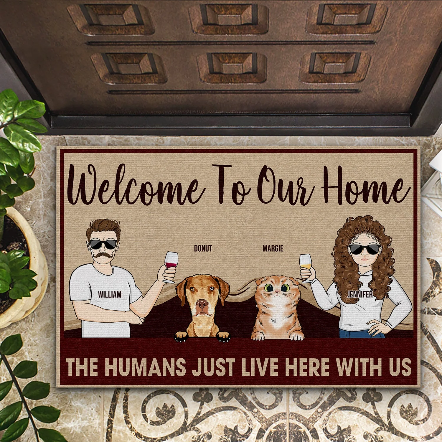 The Humans Just Live Here Couple With Dog Cat - Gift For Pet Lovers - Personalized Custom Doormat - Image 2