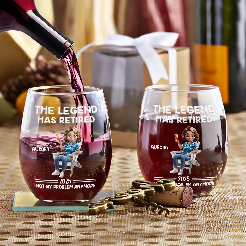 The Legend Has Retired Not My Problem Anymore Cartoon - Personalized Stemless Wine Glass - Image 3