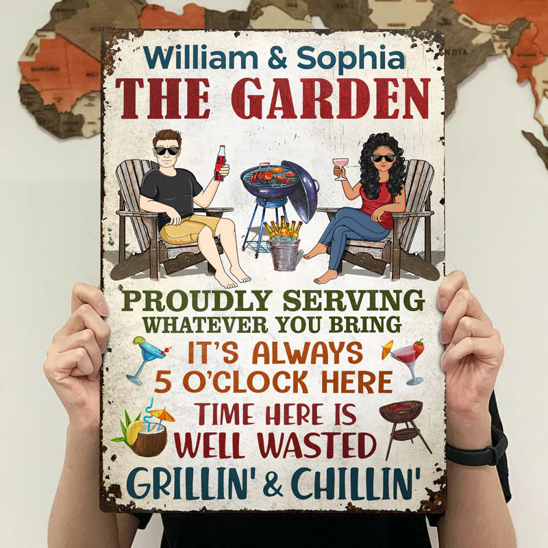 The Patio Bar Proudly Serving Whatever You Bring Grilling Couple - Backyard Sign - Personalized Custom Classic Metal Signs - Image 4