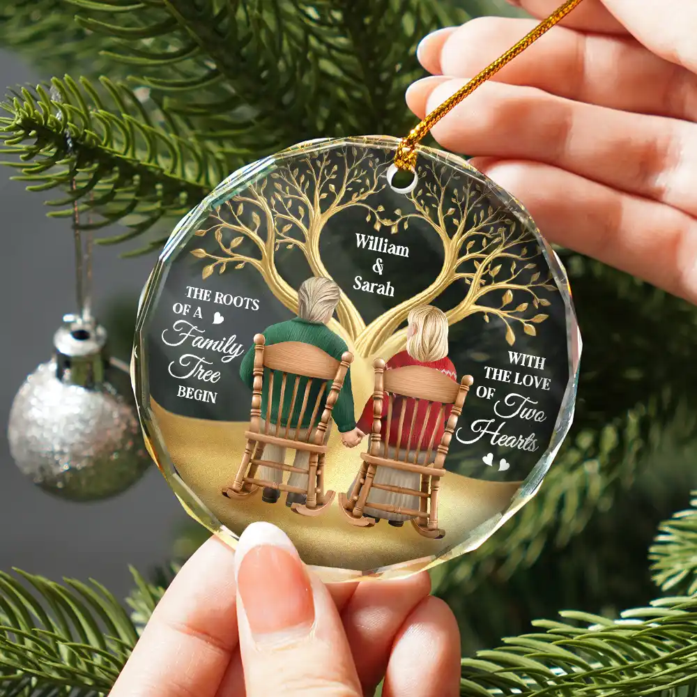 The Roots Of A Family Tree Begin With Two Hearts - Personalized Circle Glass Ornament - Image 2