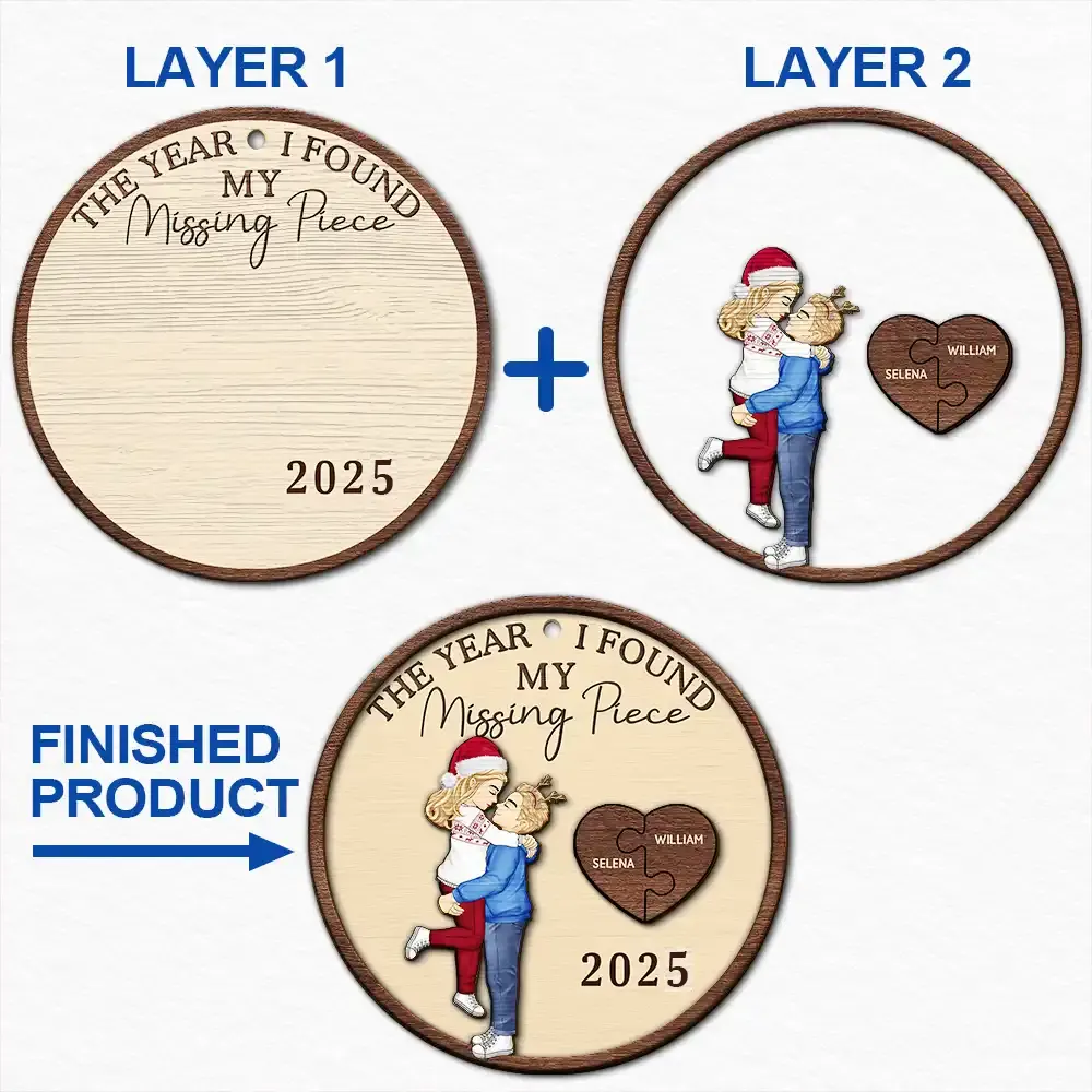 The Year I Found My Missing Piece Cartoon Kissing Couples - Personalized 2-Layered Wooden Ornament - Image 6