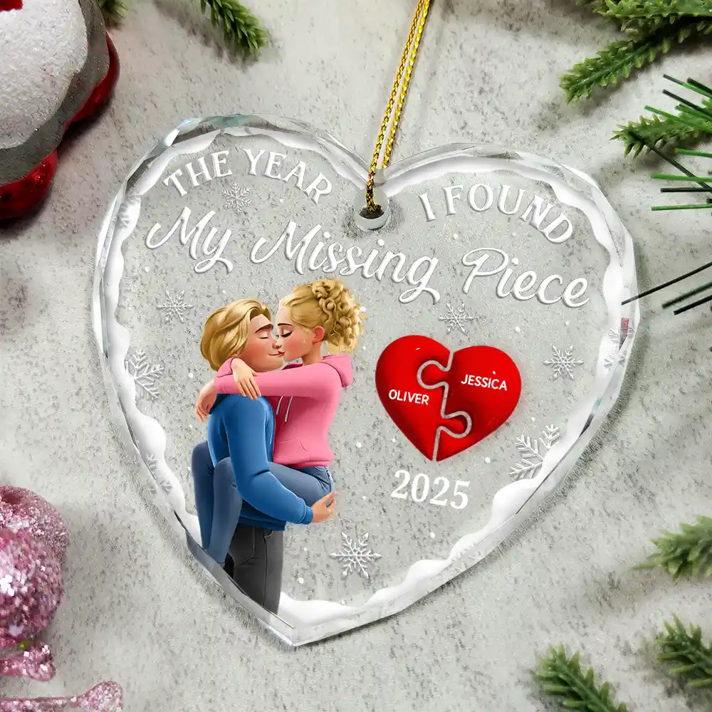 The Year I Found My Missing Piece Kissing Couples 3D - Personalized Glass Ornament - Image 5