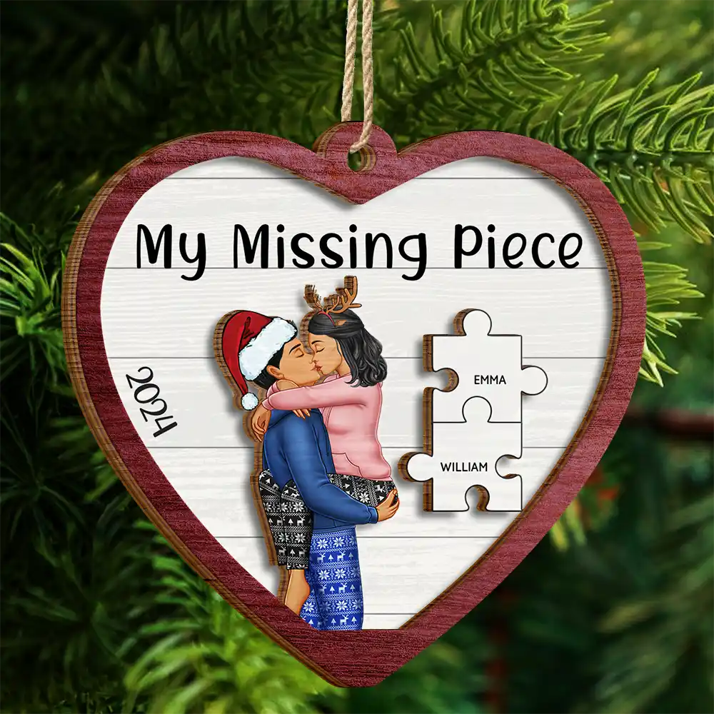 The Year I Found My Missing Piece Kissing Couples Heart Shape - Personalized 2-Layered Wooden Ornament - Image 4