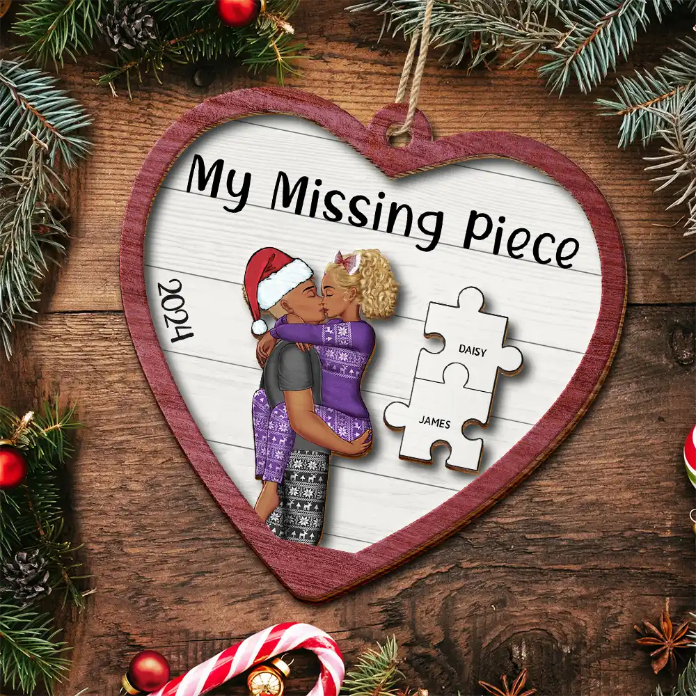 The Year I Found My Missing Piece Kissing Couples Heart Shape - Personalized 2-Layered Wooden Ornament - Image 5