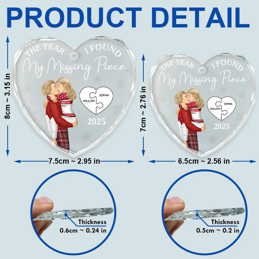 The Year I Found My Missing Piece Kissing Couples - Personalized Heart Shaped Glass Ornament - Image 5