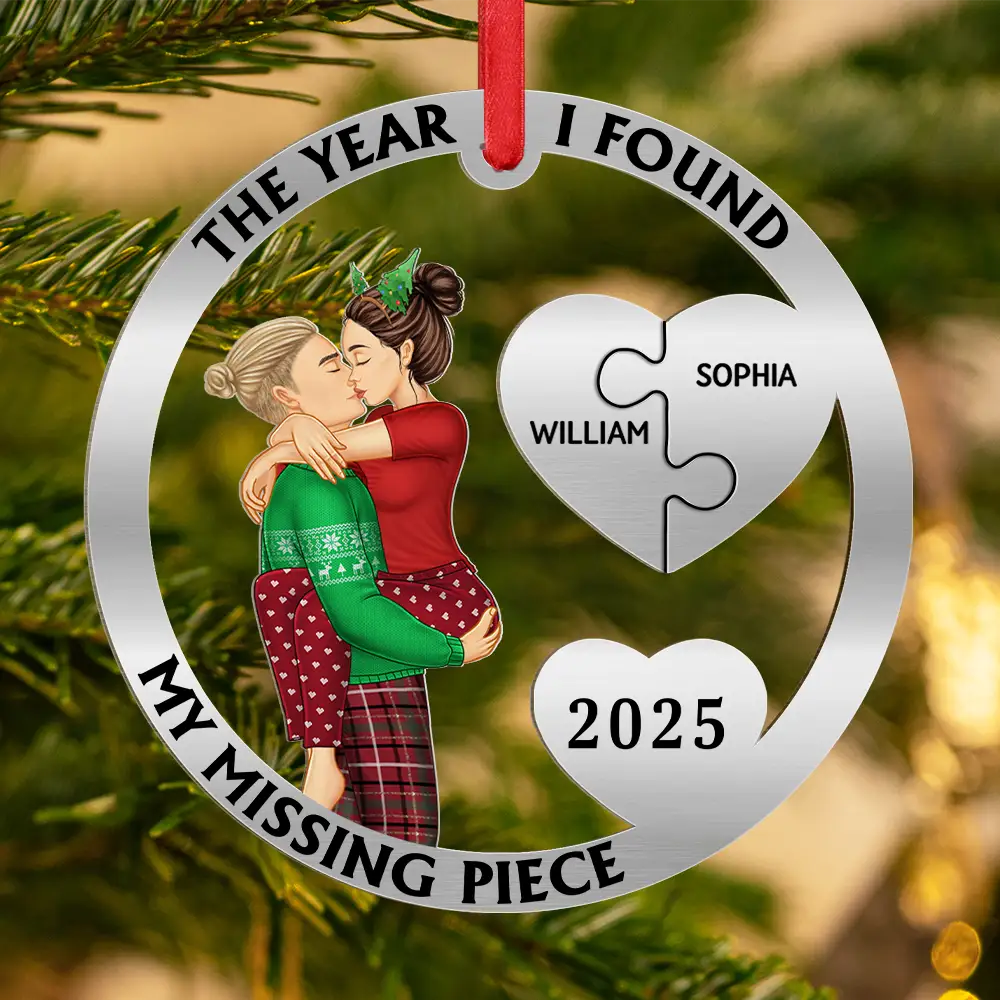 The Year I Found My Missing Piece Kissing Couples - Personalized Metal Ornament - Image 3