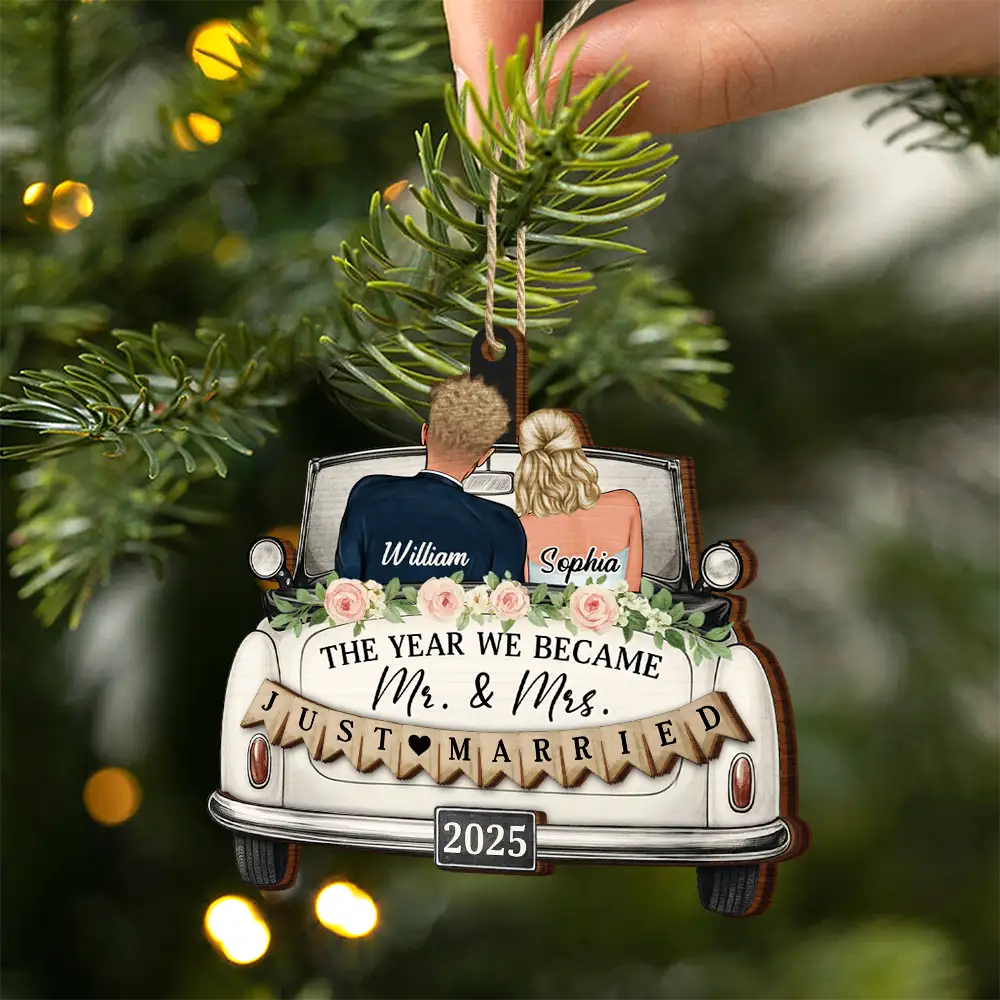 The Year We Became Mr & Mrs Couple In Car - Personalized 2-Layered Wooden Ornament - Image 2
