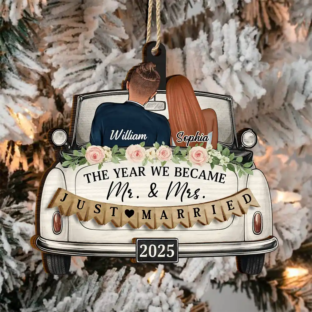 The Year We Became Mr & Mrs Couple In Car - Personalized 2-Layered Wooden Ornament - Image 3