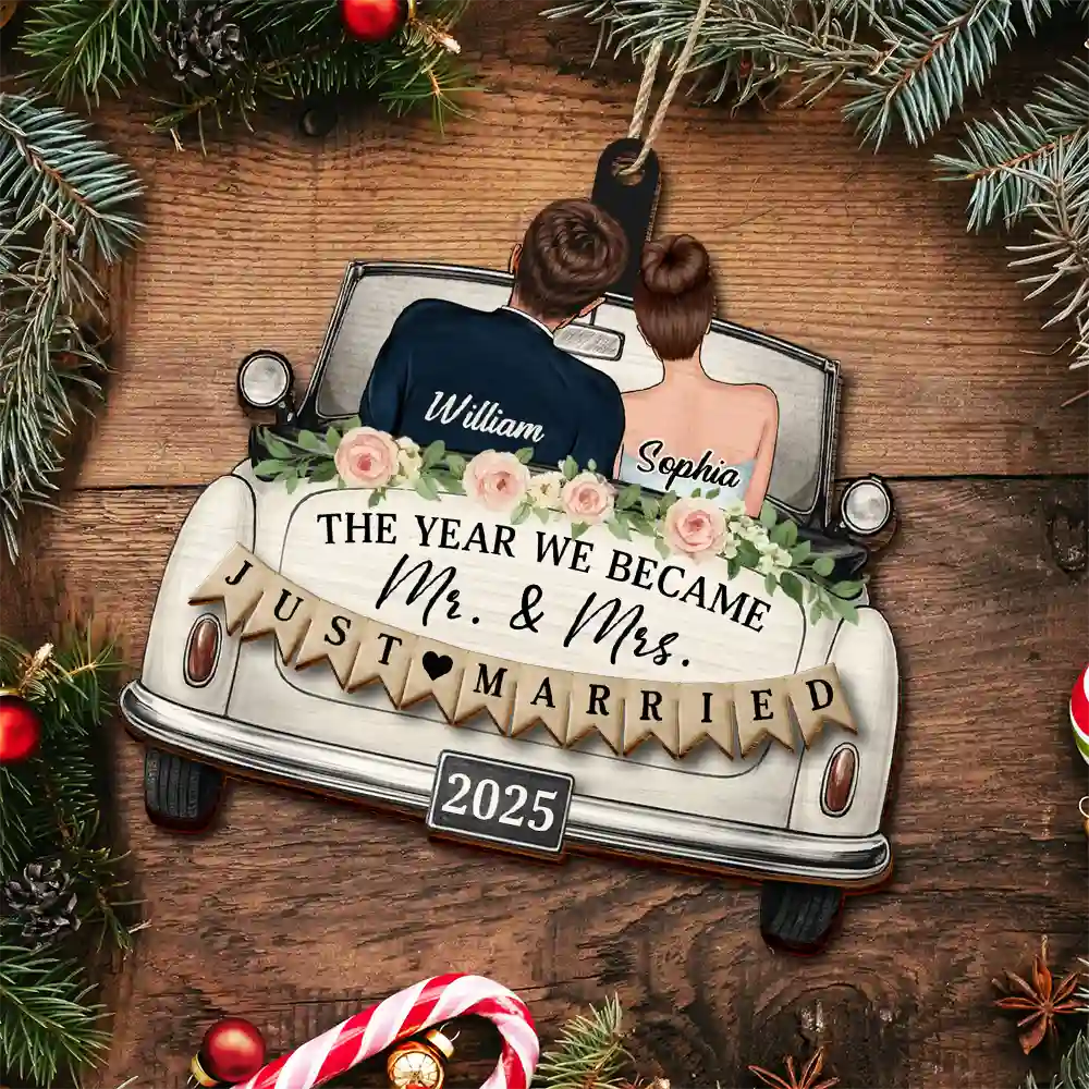 The Year We Became Mr & Mrs Couple In Car - Personalized 2-Layered Wooden Ornament - Image 4