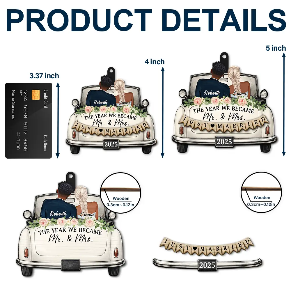The Year We Became Mr & Mrs Couple In Car - Personalized 2-Layered Wooden Ornament - Image 5