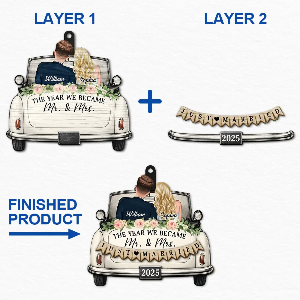 The Year We Became Mr & Mrs Couple In Car - Personalized 2-Layered Wooden Ornament - Image 6