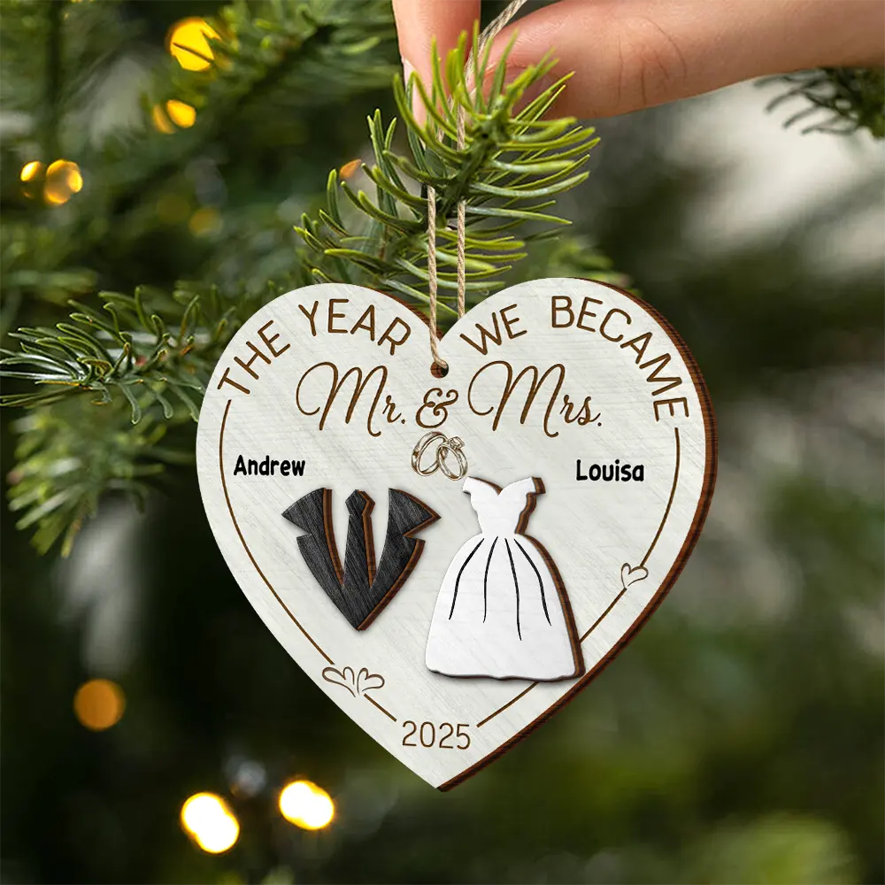The Year We Became Mr & Mrs Heart - Personalized 2-Layered Wooden Ornament - Image 2