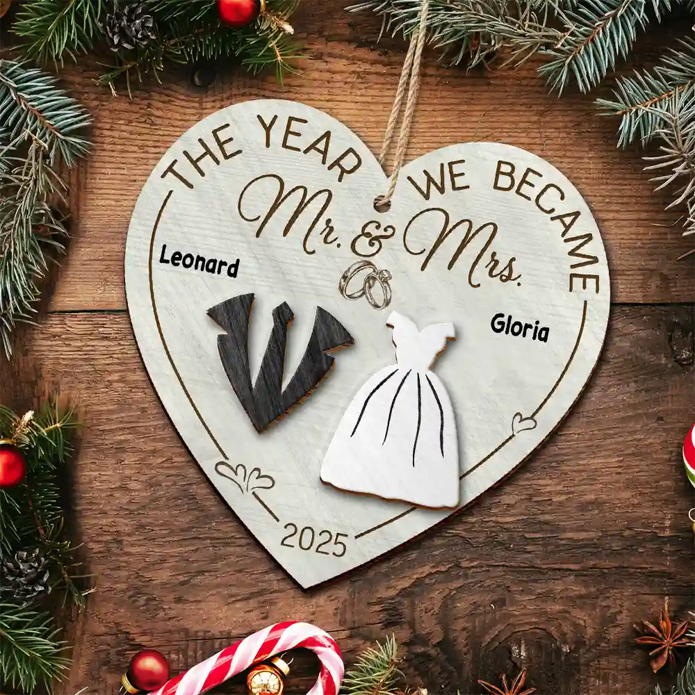 The Year We Became Mr & Mrs Heart - Personalized 2-Layered Wooden Ornament - Image 4
