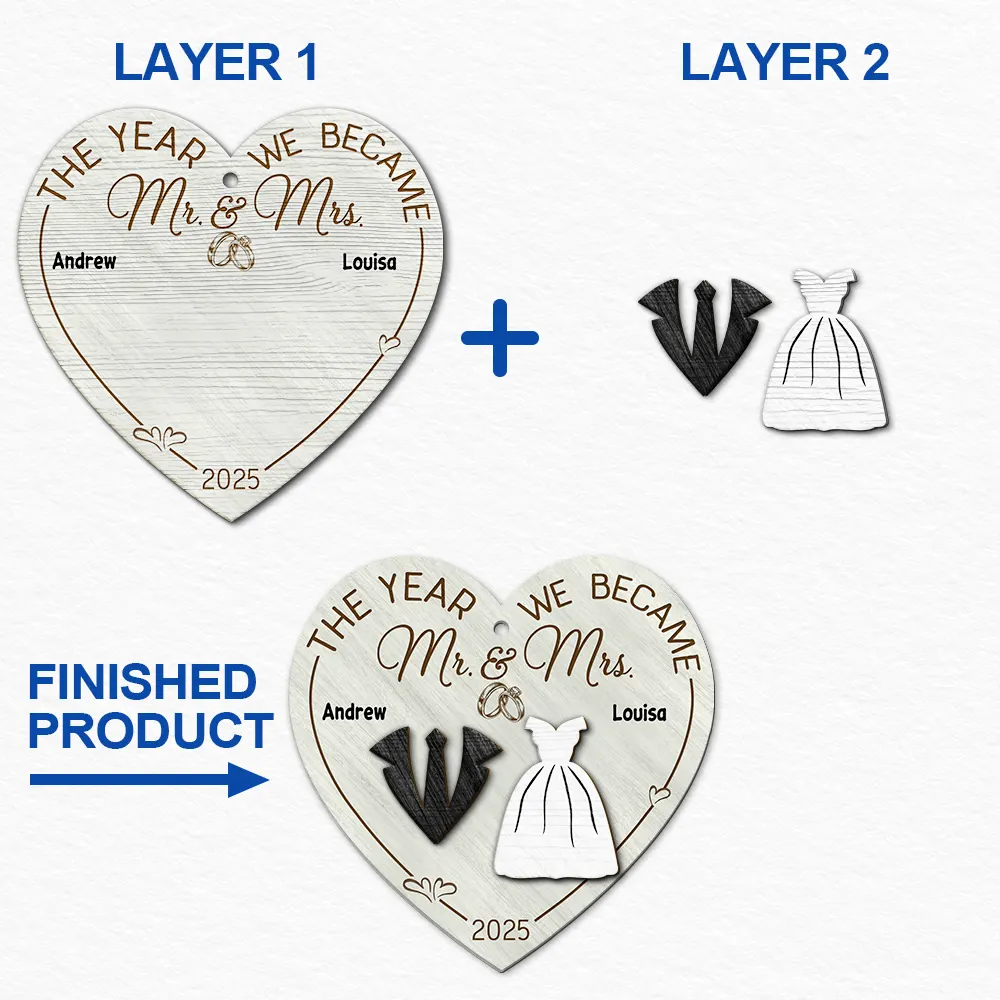 The Year We Became Mr & Mrs Heart - Personalized 2-Layered Wooden Ornament - Image 6