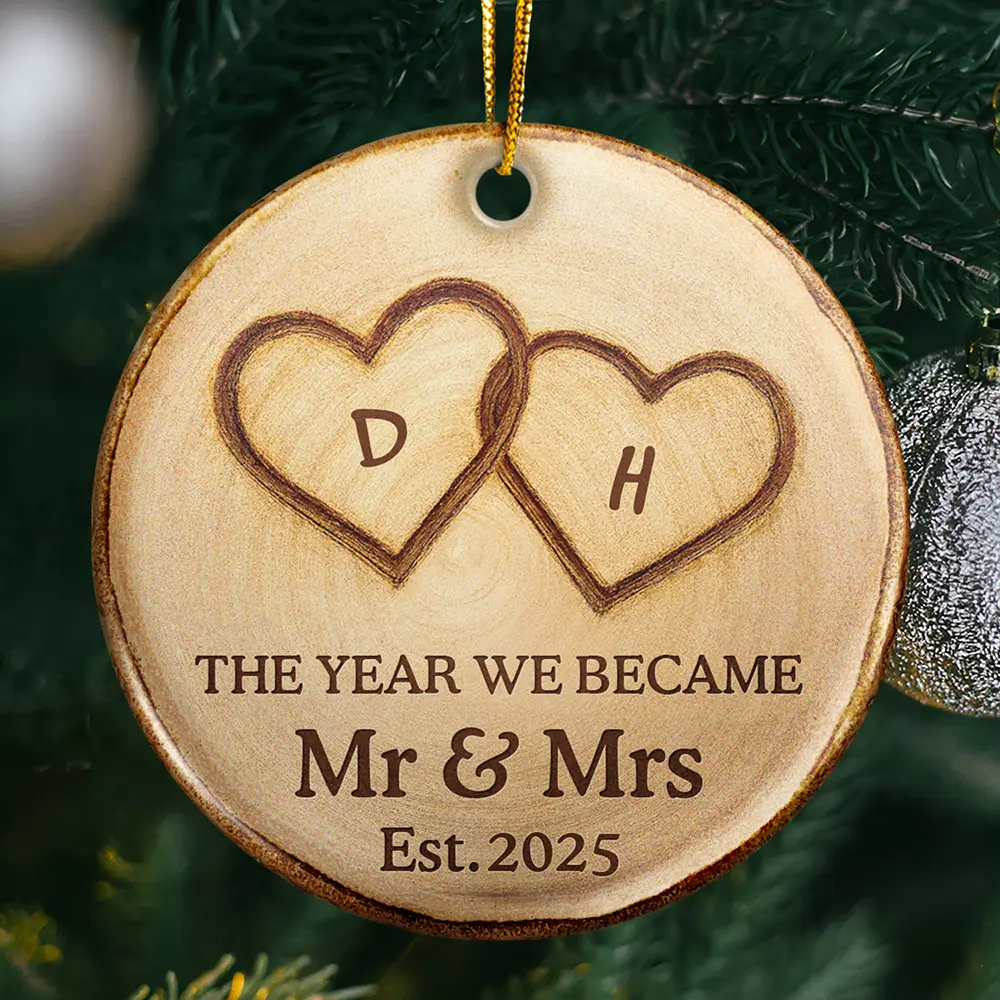 The Year We Became Mr & Mrs Initial Letter - Personalized Circle Ceramic Ornament - Image 2