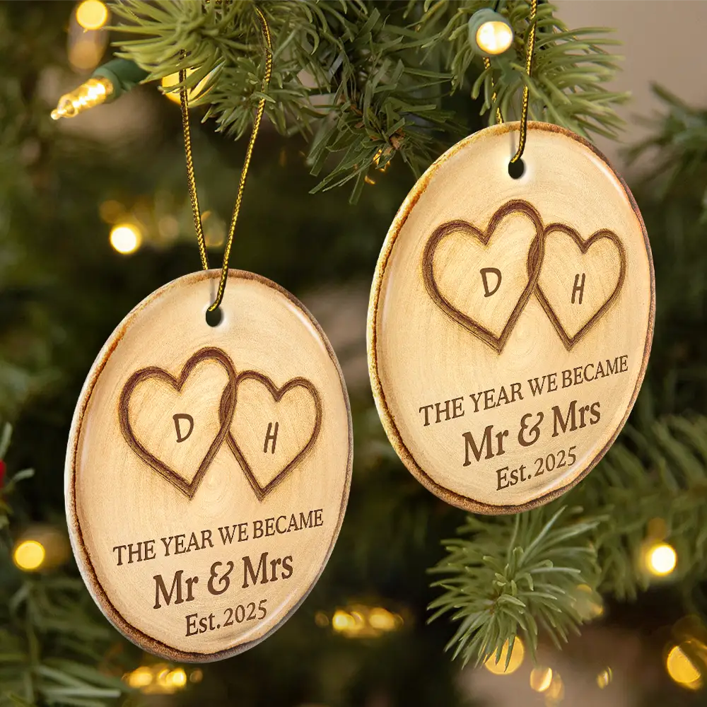 The Year We Became Mr & Mrs Initial Letter - Personalized Circle Ceramic Ornament - Image 3