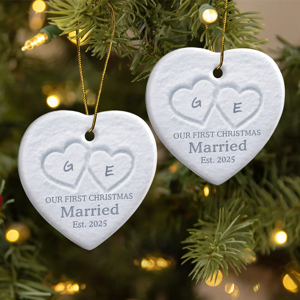 The Year We Became Mr & Mrs Initial Letter - Personalized Heart Ceramic Ornament - Image 3