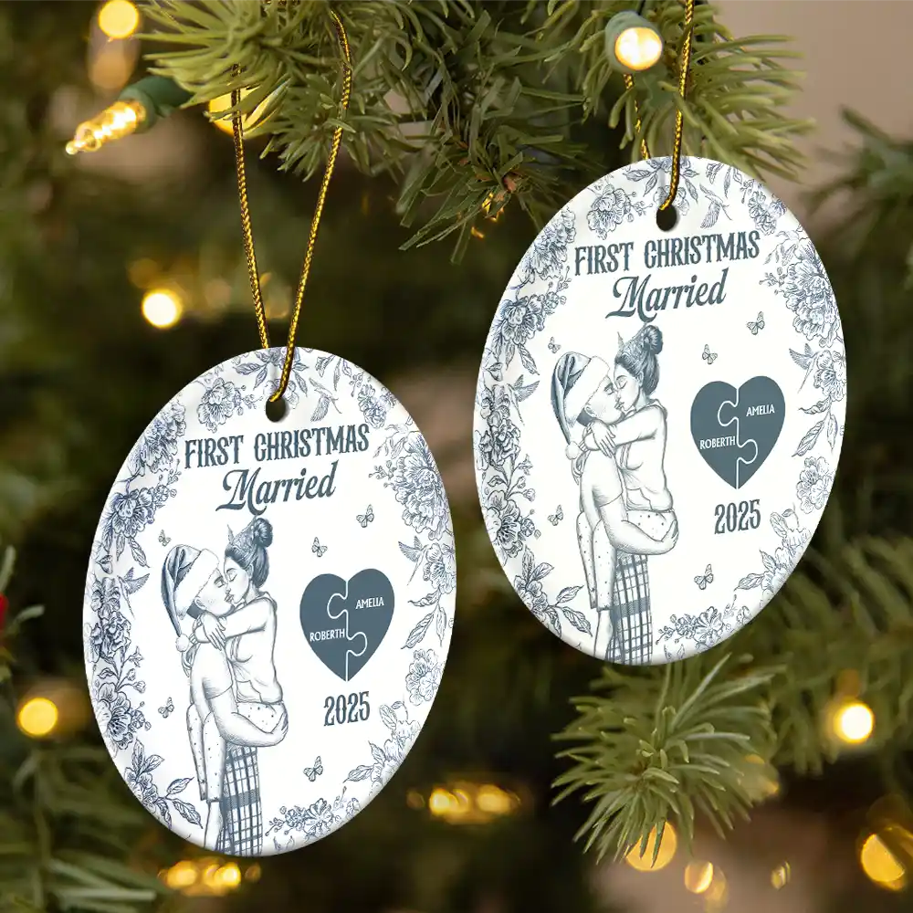 The Year We Became Mr & Mrs Kissing Couples Toile - Personalized Circle Ceramic Ornament - Image 2