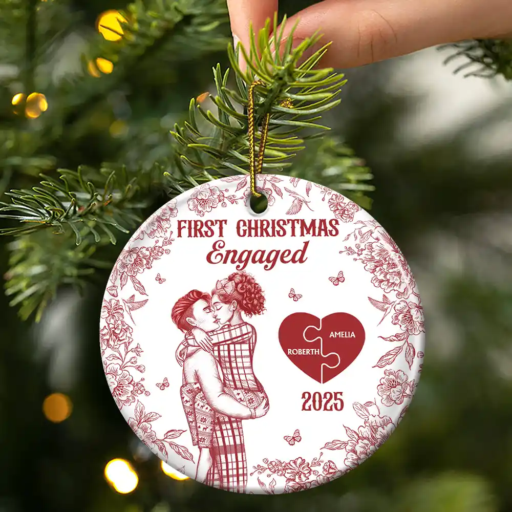 The Year We Became Mr & Mrs Kissing Couples Toile - Personalized Circle Ceramic Ornament - Image 3