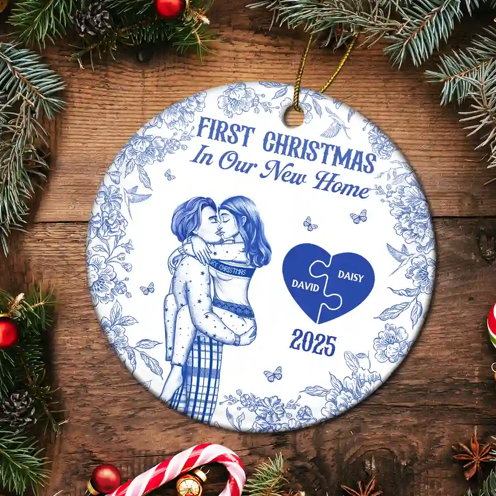 The Year We Became Mr & Mrs Kissing Couples Toile - Personalized Circle Ceramic Ornament - Image 5