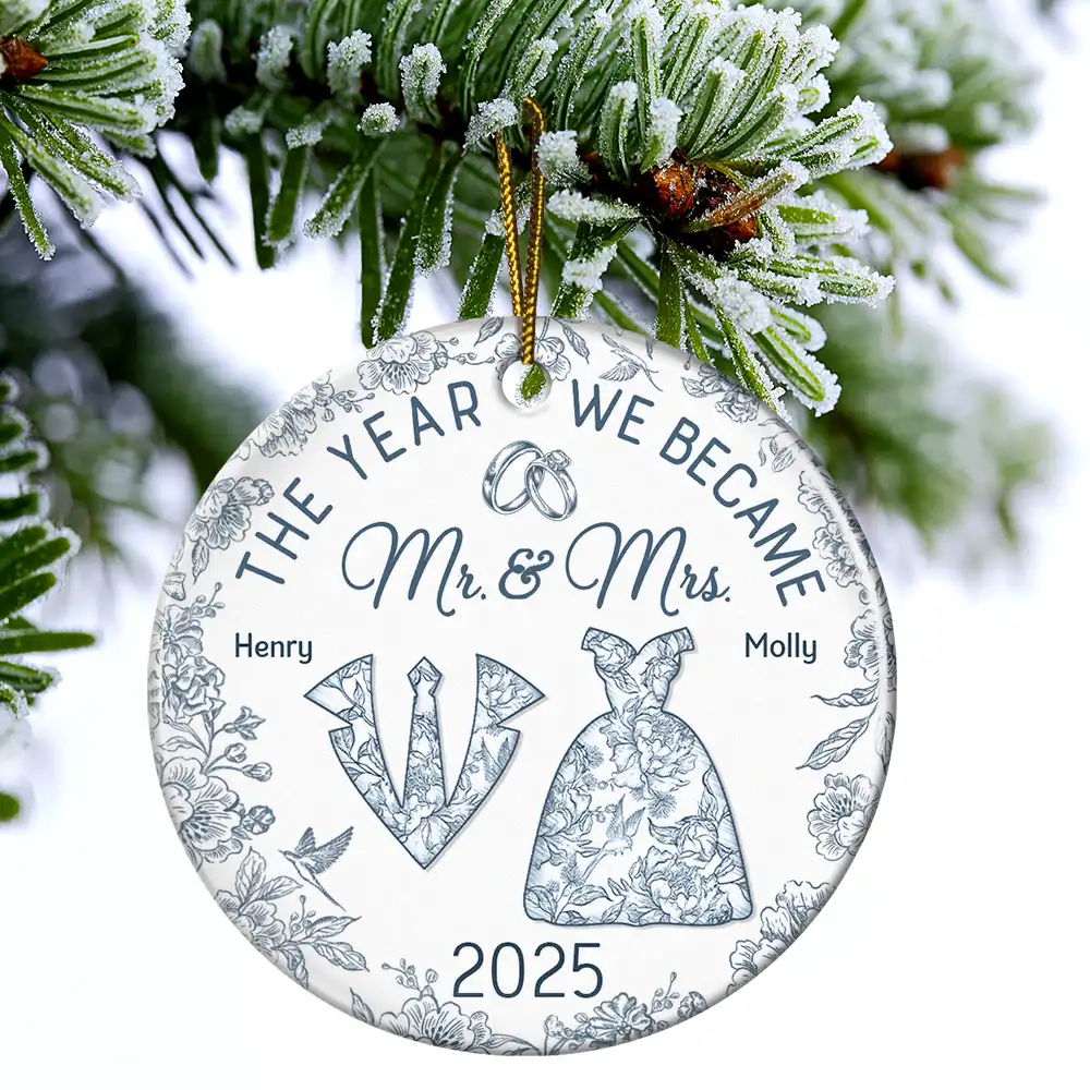 The Year We Became Mr & Mrs Toile - Personalized Circle Ceramic Ornament - Image 4