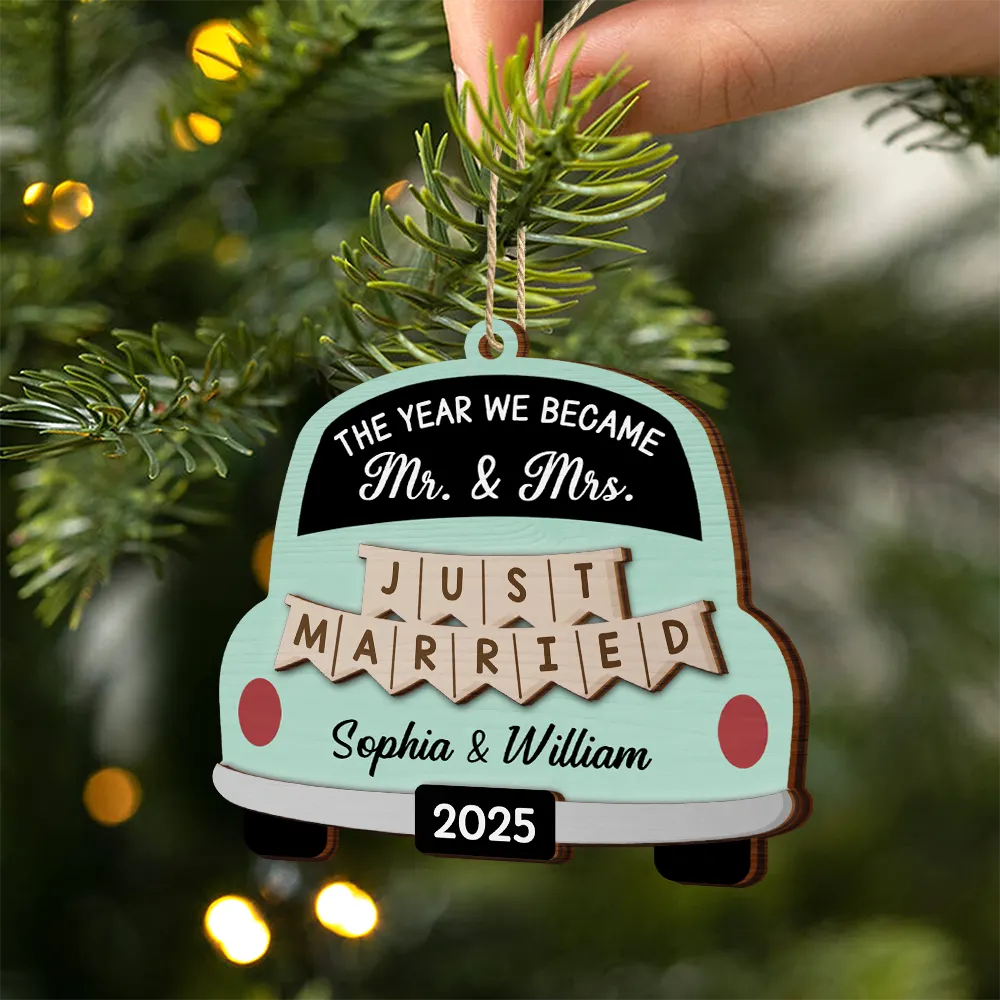 The Year We Became Mr & Mrs Wedding Car - Personalized 2-Layered Wooden Ornament - Image 2