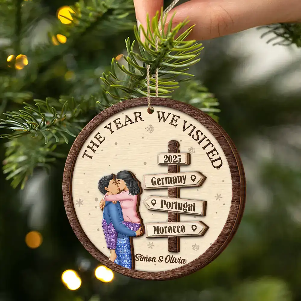 The Year We Visited Travel Couple - Personalized 2-Layered Wooden Ornament - Image 2