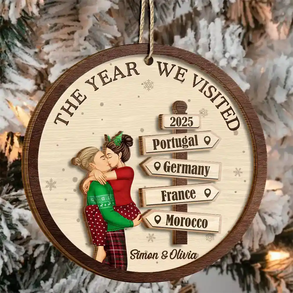 The Year We Visited Travel Couple - Personalized 2-Layered Wooden Ornament - Image 3