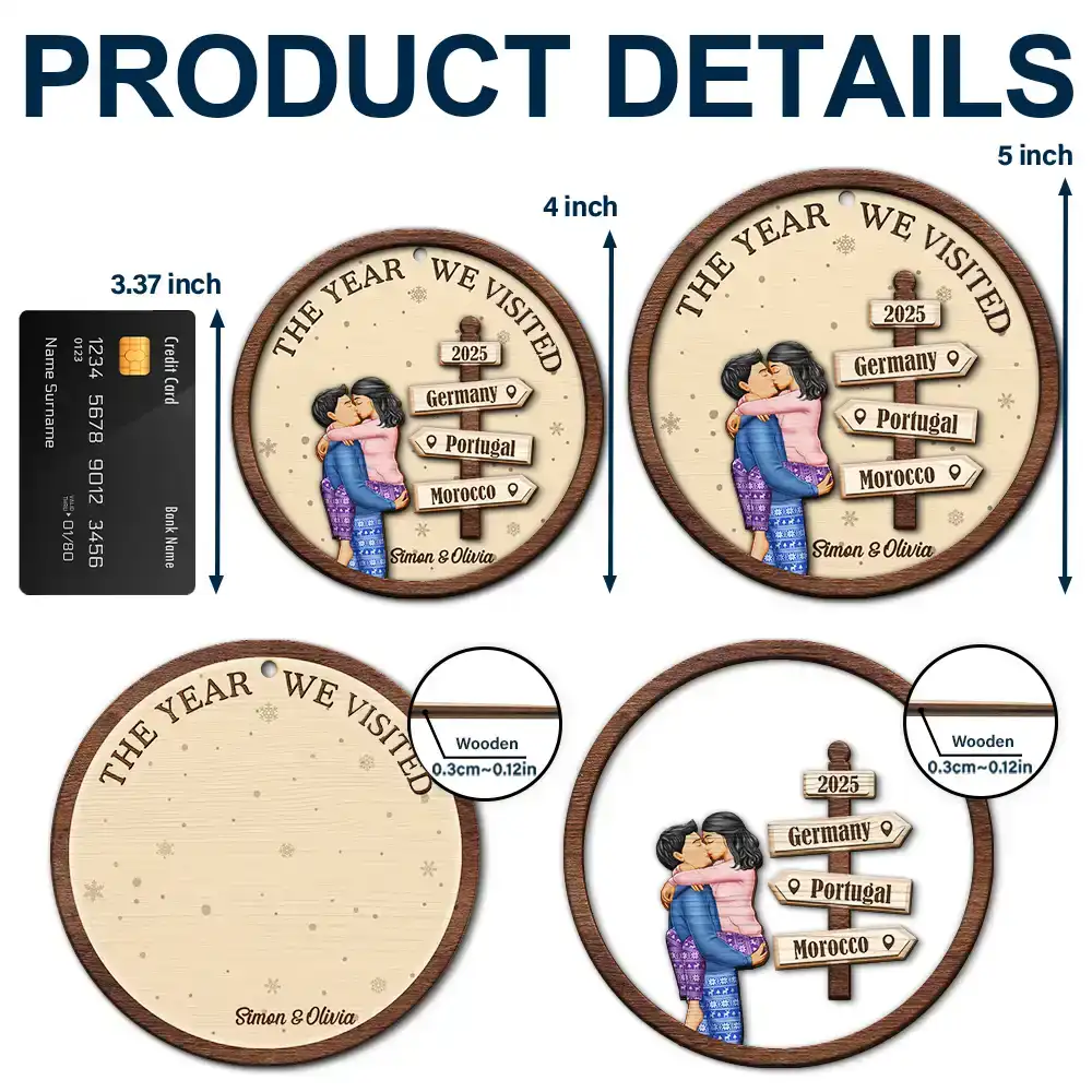 The Year We Visited Travel Couple - Personalized 2-Layered Wooden Ornament - Image 5
