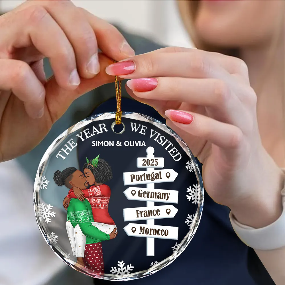The Year We Visited Travel Ornament Side View - Personalized Circle Glass Ornament - Image 4