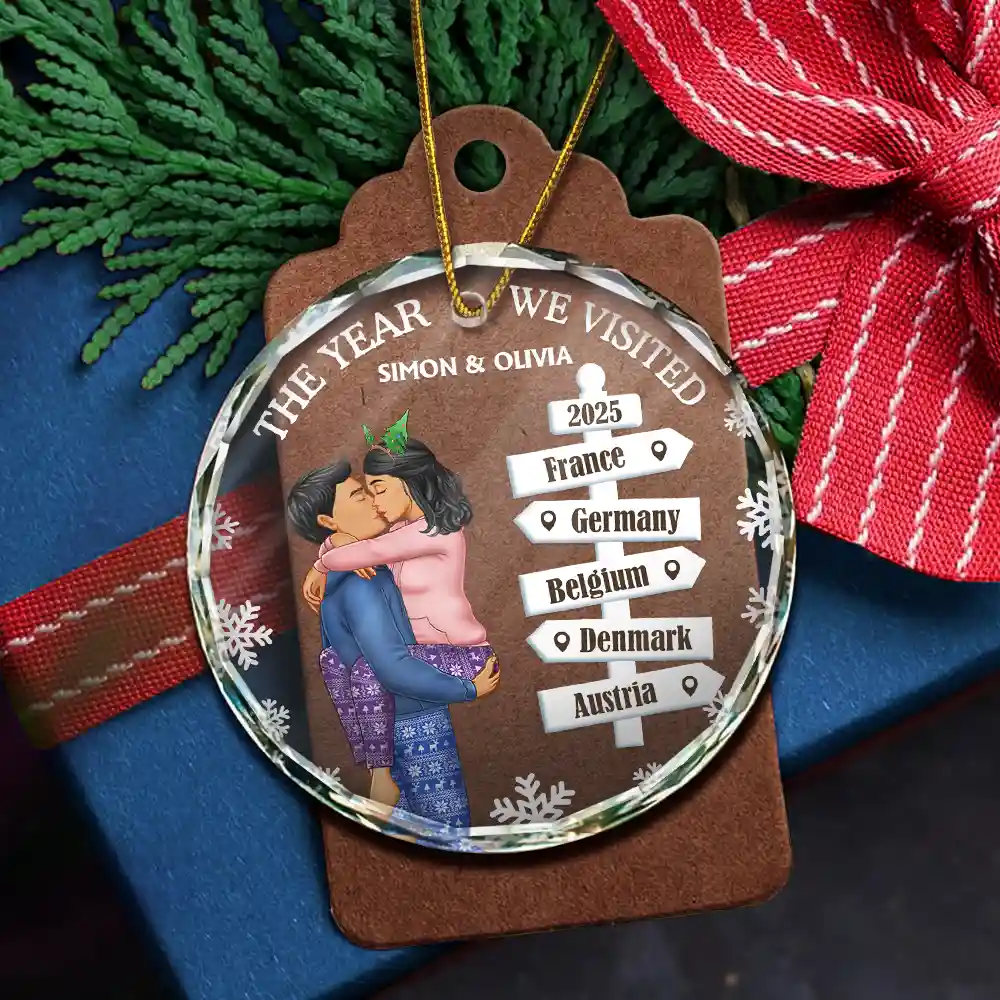 The Year We Visited Travel Ornament Side View - Personalized Circle Glass Ornament - Image 5