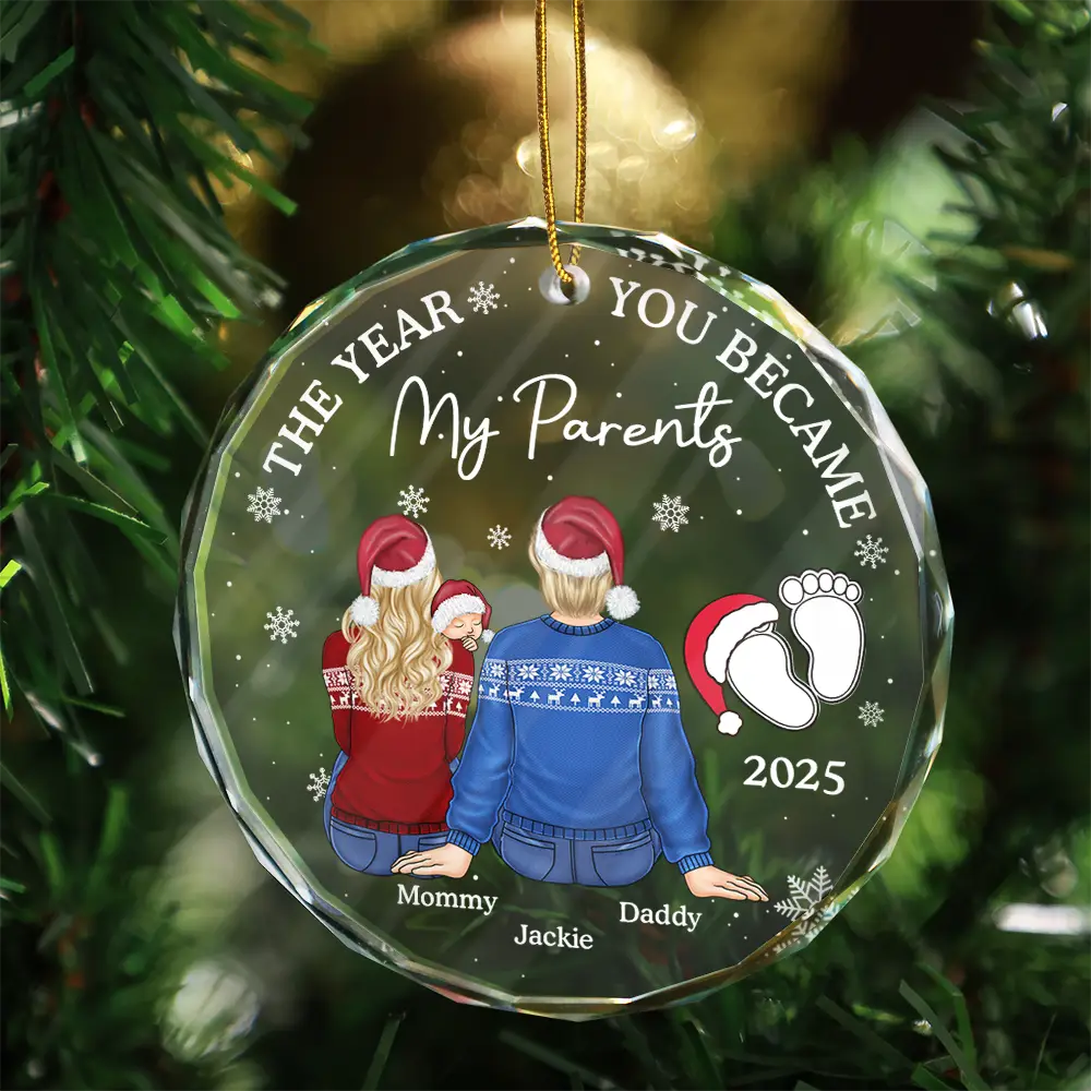 The Year You Became My Parents Family Of Three - Personalized Circle Glass Ornament - Image 3